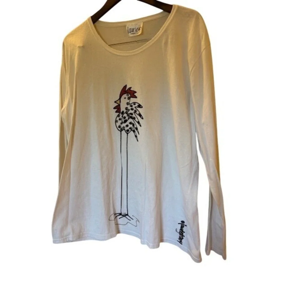 Lauriejo Designs Women's White Long Sleeve Graphic Tee Rooster Print Shirt